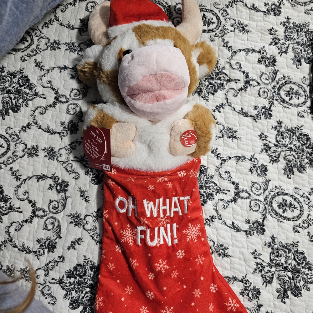 Red Christmas Stocking with Plush Cow